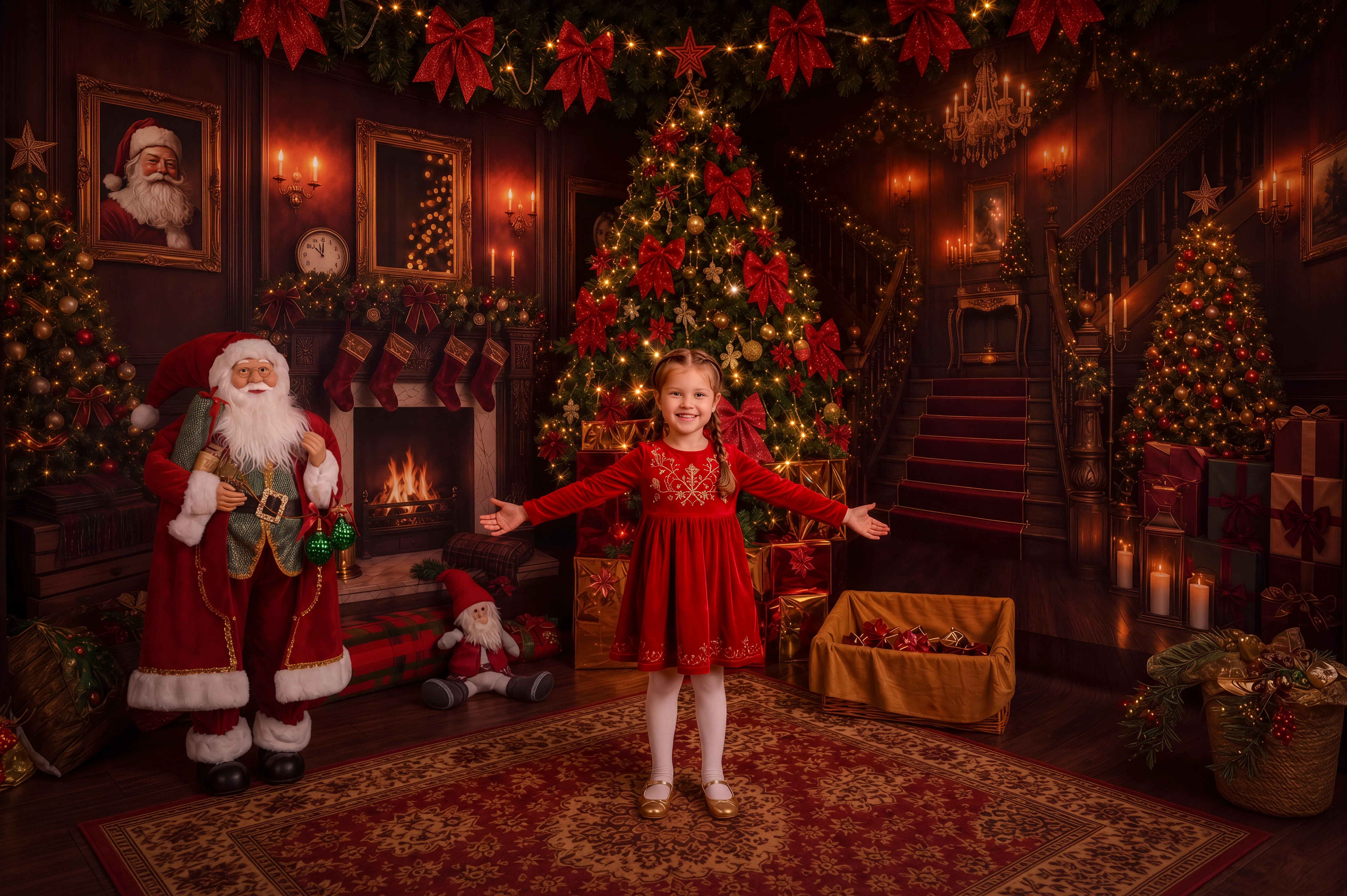 Niña con vestido rojo y los brazos abiertos junto al árbol, Papá Noel y la escalera del decorado navideño de MagIArt.